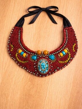 Boho Tribal Statement Beaded Bib Necklace Red Turquoise Style
